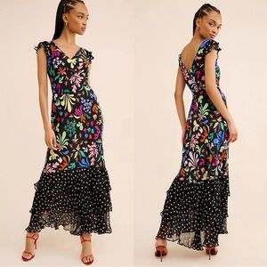 RIXO Ozzy Floral Polka Dot 100% Silk Ruffled Maxi Dress Sz 14